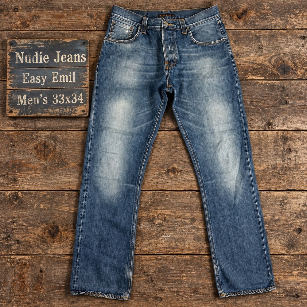 Nudie Jeans Easy Emil Blue Fall Straight Leg Denim Mens 33x34 Made in Italy